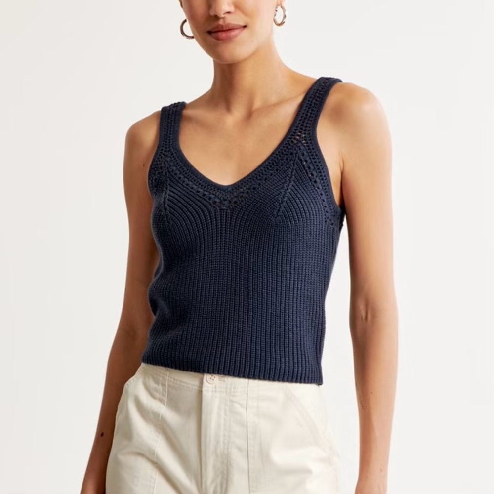 Abercrombie Ribbed Pointelle Knit V-Neck Tank  in Navy